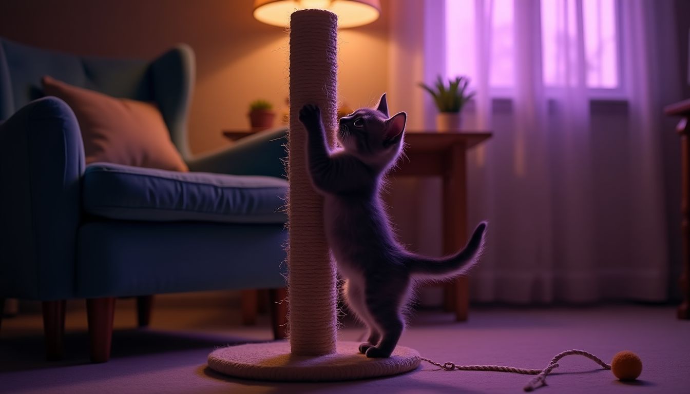 A curious cat at a screen door looking into a cosy living room with a cat tree and scratching post in soft evening mauve light — behaviour and home guide