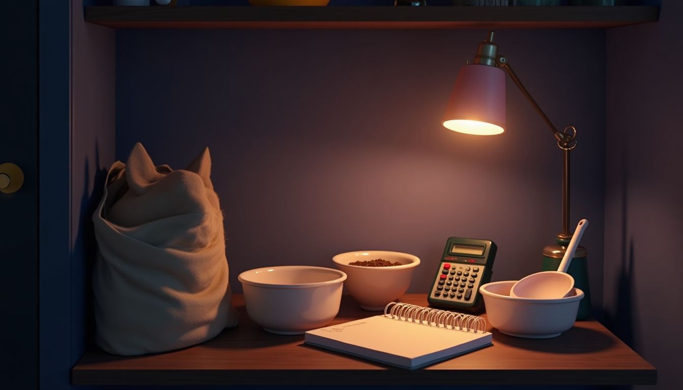 A tidy cat corner with food bowls, a scoop and a clean litter box beside a small notebook and calculator in warm lilac lamplight — cat costs and budgeting guide