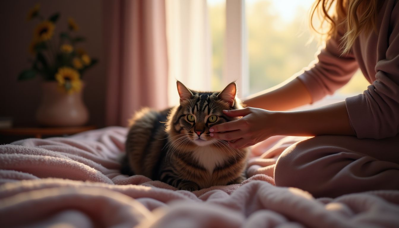 A domestic cat on a soft blanket by a sunny window, gentle mauve morning light, a slow-brush grooming moment — everyday cat care guide